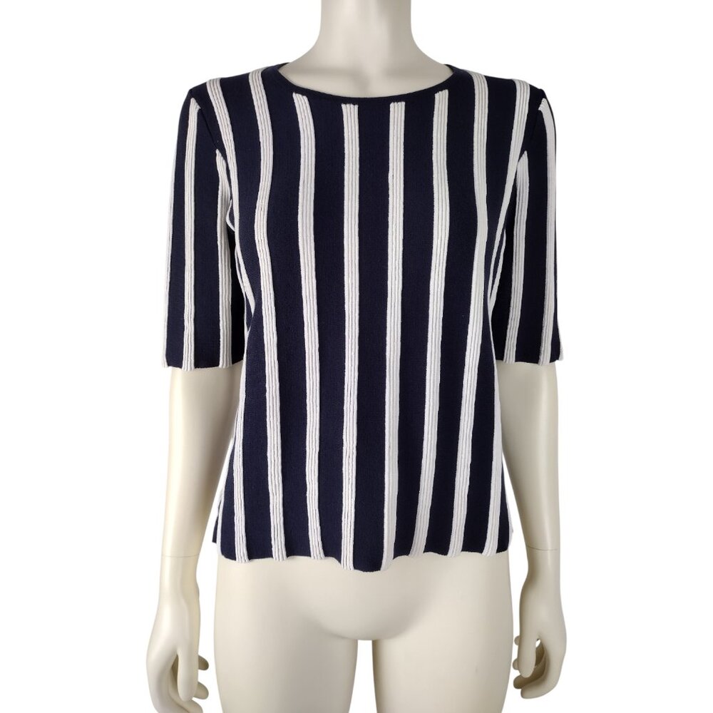 Ann Taylor Navy Blue and White Striped Ribbed Knit Half Sleeve Blouse Size S